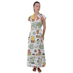 Funny Seamless Pattern With Cartoon Monsters Personage Colorful Hand Drawn Characters Unusual Creatu Flutter Sleeve Maxi Dress