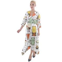 Funny Seamless Pattern With Cartoon Monsters Personage Colorful Hand Drawn Characters Unusual Creatu Quarter Sleeve Wrap Front Maxi Dress by Nexatart