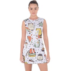 Funny Seamless Pattern With Cartoon Monsters Personage Colorful Hand Drawn Characters Unusual Creatu Lace Up Front Bodycon Dress