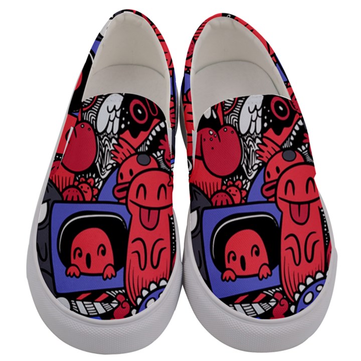 Abstract Grunge Urban Pattern With Monster Character Super Drawing Graffiti Style Vector Illustratio Men s Canvas Slip Ons