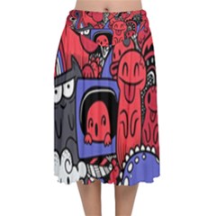 Abstract Grunge Urban Pattern With Monster Character Super Drawing Graffiti Style Vector Illustratio Velvet Flared Midi Skirt by Nexatart