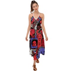 Abstract Grunge Urban Pattern With Monster Character Super Drawing Graffiti Style Vector Illustratio Halter Tie Back Dress  by Nexatart