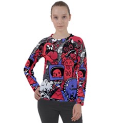 Abstract Grunge Urban Pattern With Monster Character Super Drawing Graffiti Style Vector Illustratio Women s Long Sleeve Raglan Tee