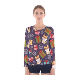 Welsh Corgi Dog With Gift Boxes Seamless Pattern Wallpaper Women s Long Sleeve Tee