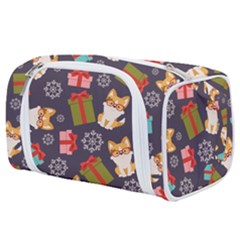 Welsh Corgi Dog With Gift Boxes Seamless Pattern Wallpaper Toiletries Pouch by Nexatart