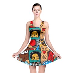 Abstract Grunge Urban Pattern With Monster Character Super Drawing Graffiti Style Reversible Skater Dress by Nexatart