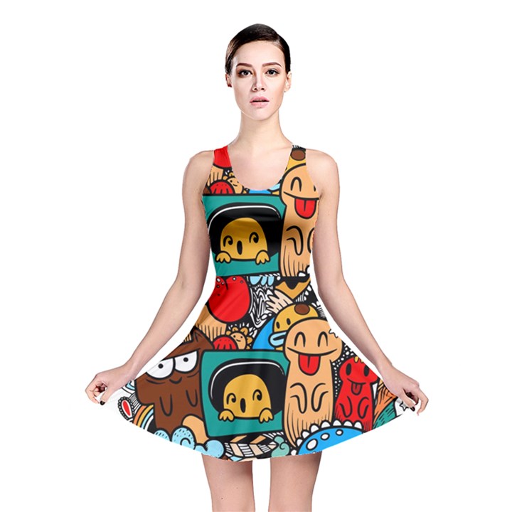 Abstract Grunge Urban Pattern With Monster Character Super Drawing Graffiti Style Reversible Skater Dress