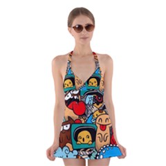 Abstract Grunge Urban Pattern With Monster Character Super Drawing Graffiti Style Halter Dress Swimsuit  by Nexatart