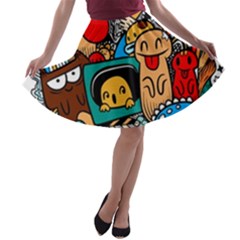 Abstract Grunge Urban Pattern With Monster Character Super Drawing Graffiti Style A-line Skater Skirt by Nexatart