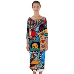 Abstract Grunge Urban Pattern With Monster Character Super Drawing Graffiti Style Quarter Sleeve Midi Bodycon Dress