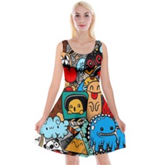 Abstract Grunge Urban Pattern With Monster Character Super Drawing Graffiti Style Reversible Velvet Sleeveless Dress by Nexatart