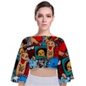 Abstract Grunge Urban Pattern With Monster Character Super Drawing Graffiti Style Tie Back Butterfly Sleeve Chiffon Top View1