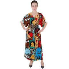 Abstract Grunge Urban Pattern With Monster Character Super Drawing Graffiti Style V-neck Boho Style Maxi Dress by Nexatart