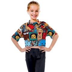 Abstract Grunge Urban Pattern With Monster Character Super Drawing Graffiti Style Kids Mock Neck Tee