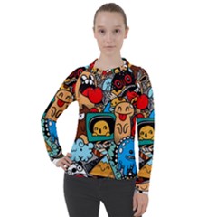 Abstract Grunge Urban Pattern With Monster Character Super Drawing Graffiti Style Women s Pique Long Sleeve Tee