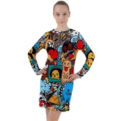 Abstract Grunge Urban Pattern With Monster Character Super Drawing Graffiti Style Long Sleeve Hoodie Dress by Nexatart