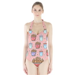 Cute Kawaii Food Seamless Pattern Halter Swimsuit