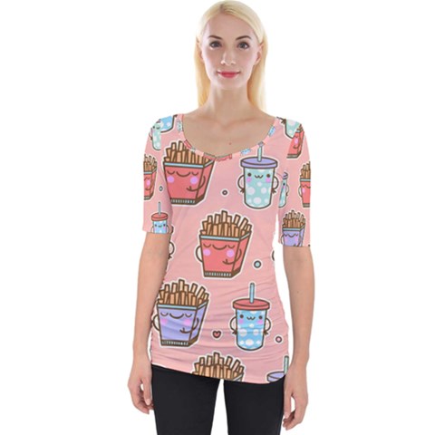 Cute Kawaii Food Seamless Pattern Wide Neckline Tee by Nexatart