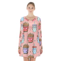 Cute Kawaii Food Seamless Pattern Long Sleeve Velvet V-neck Dress