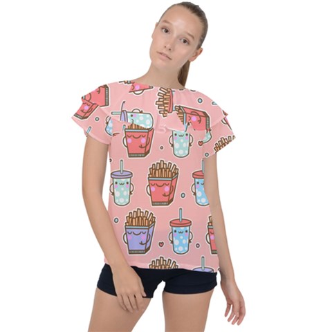 Cute Kawaii Food Seamless Pattern Ruffle Collar Chiffon Blouse by Nexatart