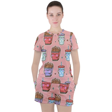 Cute Kawaii Food Seamless Pattern Women s Tee And Shorts Set by Nexatart