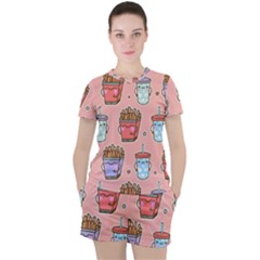 Cute Kawaii Food Seamless Pattern Women s Tee and Shorts Set