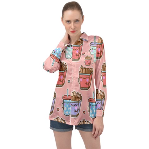 Cute Kawaii Food Seamless Pattern Long Sleeve Satin Shirt by Nexatart