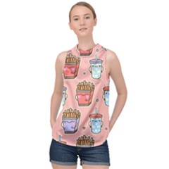 Cute Kawaii Food Seamless Pattern High Neck Satin Top