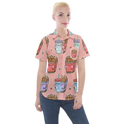 Cute Kawaii Food Seamless Pattern Women s Short Sleeve Pocket Shirt by Nexatart