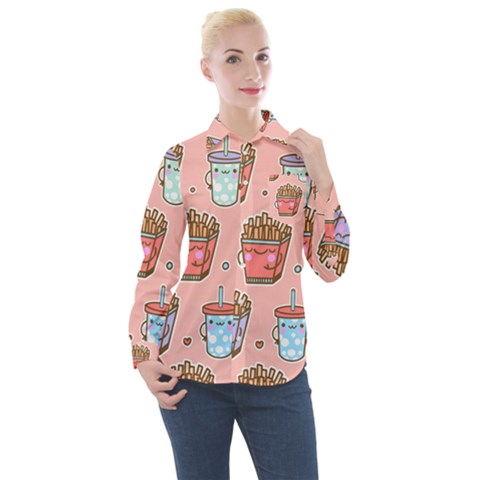 Cute Kawaii Food Seamless Pattern Women s Long Sleeve Pocket Shirt by Nexatart