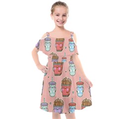 Cute Kawaii Food Seamless Pattern Kids  Cut Out Shoulders Chiffon Dress