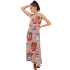 Cute Kawaii Food Seamless Pattern V-Neck Chiffon Maxi Dress