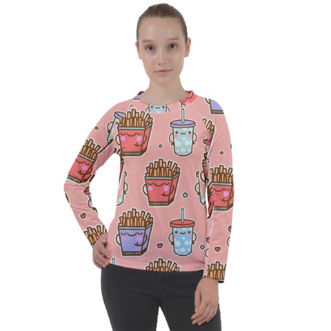 Cute Kawaii Food Seamless Pattern Women s Long Sleeve Raglan Tee by Nexatart