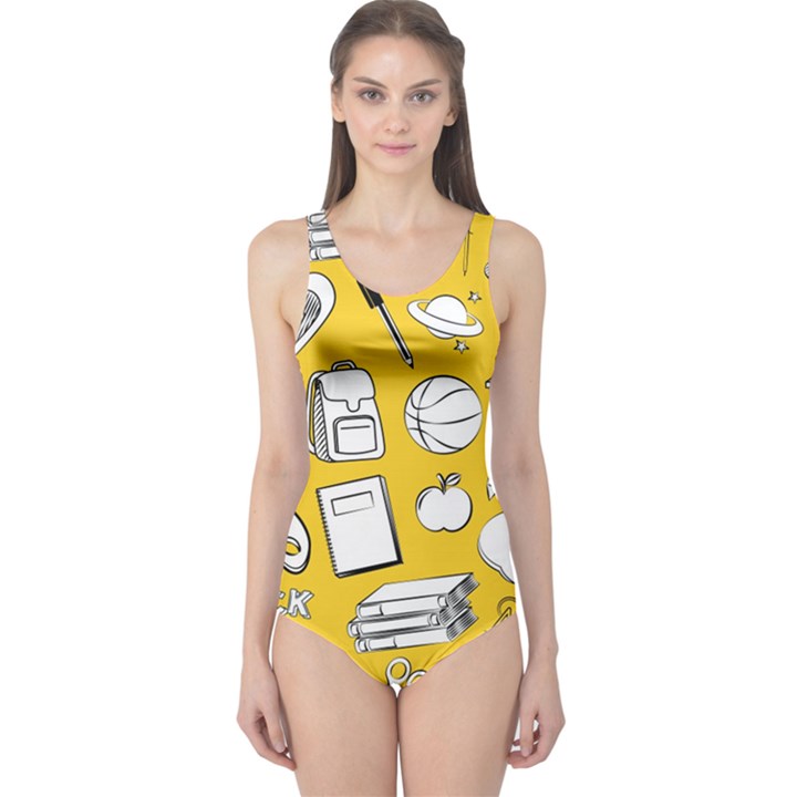 Pattern With Basketball Apple Paint Back School Illustration One Piece Swimsuit