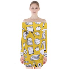 Pattern With Basketball Apple Paint Back School Illustration Long Sleeve Off Shoulder Dress by Nexatart