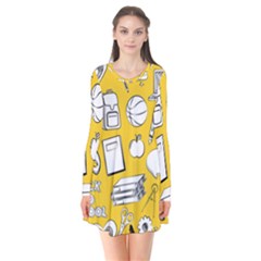 Pattern With Basketball Apple Paint Back School Illustration Long Sleeve V-neck Flare Dress by Nexatart