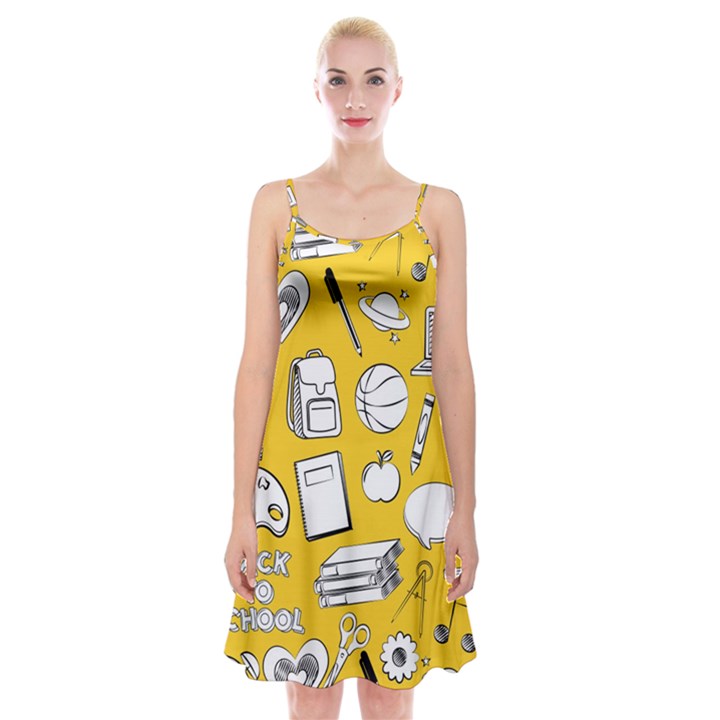 Pattern With Basketball Apple Paint Back School Illustration Spaghetti Strap Velvet Dress