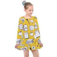 Pattern With Basketball Apple Paint Back School Illustration Kids  Long Sleeve Dress by Nexatart