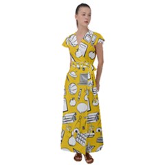 Pattern With Basketball Apple Paint Back School Illustration Flutter Sleeve Maxi Dress