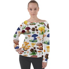 Mushroom Seamless Pattern Off Shoulder Long Sleeve Velour Top