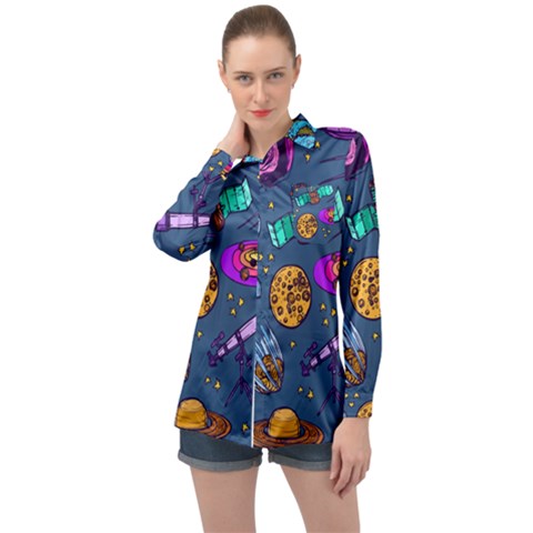 Space Sketch Set Colored Long Sleeve Satin Shirt by Nexatart