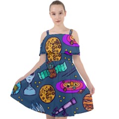 Space Sketch Set Colored Cut Out Shoulders Chiffon Dress