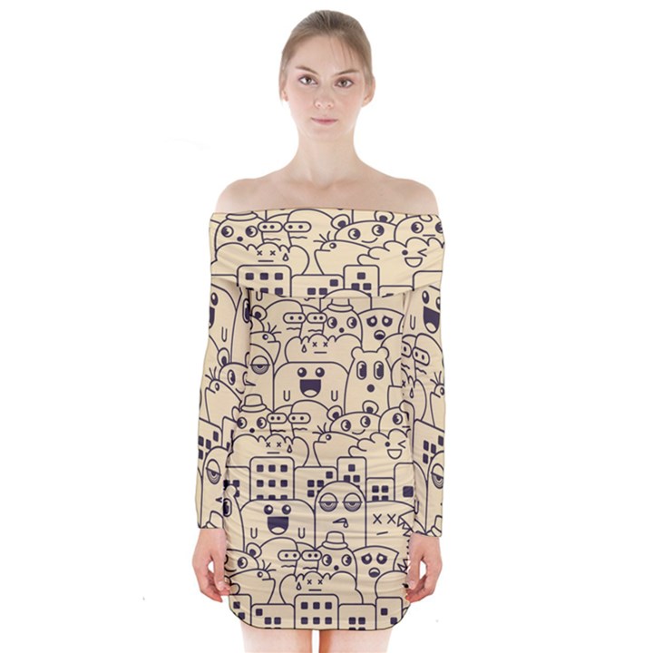 Seamless Pattern With Cute Monster Doodle Long Sleeve Off Shoulder Dress