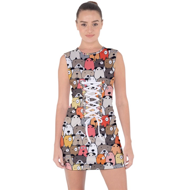 Cute Dog Seamless Pattern Background Lace Up Front Bodycon Dress