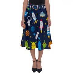 Big Set Cute Astronauts Space Planets Stars Aliens Rockets Ufo Constellations Satellite Moon Rover V Perfect Length Midi Skirt by Nexatart