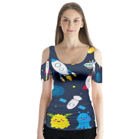 Big Set Cute Astronauts Space Planets Stars Aliens Rockets Ufo Constellations Satellite Moon Rover V Butterfly Sleeve Cutout Tee  by Nexatart