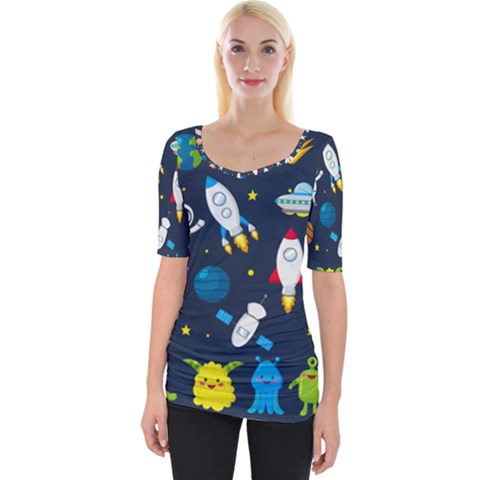 Big Set Cute Astronauts Space Planets Stars Aliens Rockets Ufo Constellations Satellite Moon Rover V Wide Neckline Tee by Nexatart