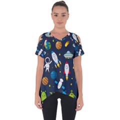 Big Set Cute Astronauts Space Planets Stars Aliens Rockets Ufo Constellations Satellite Moon Rover V Cut Out Side Drop Tee by Nexatart