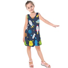 Big Set Cute Astronauts Space Planets Stars Aliens Rockets Ufo Constellations Satellite Moon Rover V Kids  Sleeveless Dress by Nexatart