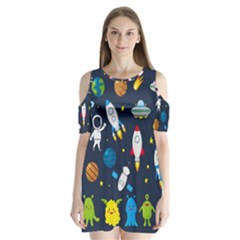 Big Set Cute Astronauts Space Planets Stars Aliens Rockets Ufo Constellations Satellite Moon Rover V Shoulder Cutout Velvet One Piece by Nexatart